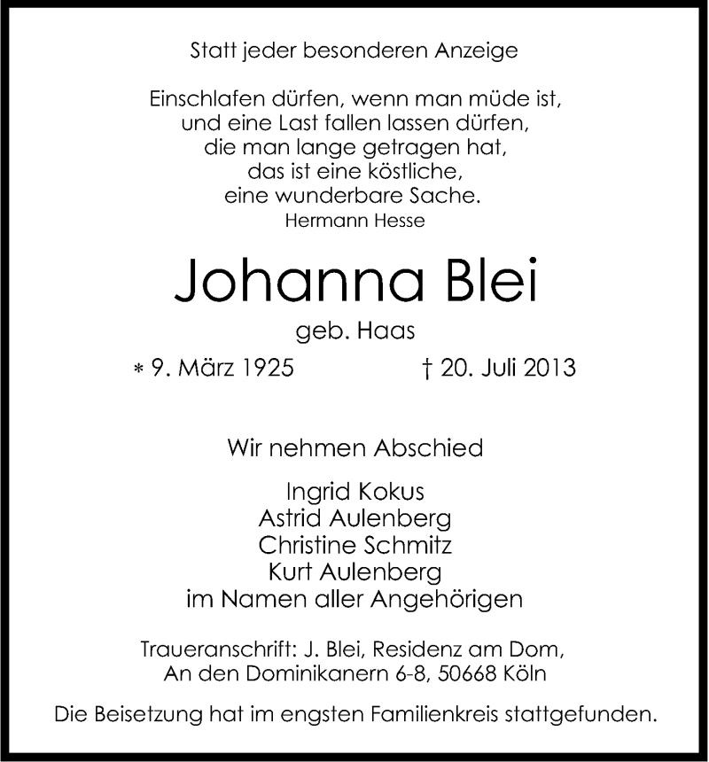  Traueranzeige für Johanna Blei vom 03.08.2013 aus Kölner Stadt-Anzeiger / Kölnische Rundschau / Express