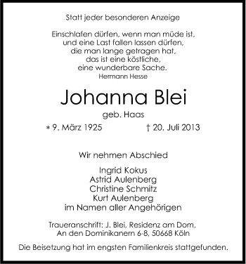 Anzeige von Johanna Blei von Kölner Stadt-Anzeiger / Kölnische Rundschau / Express
