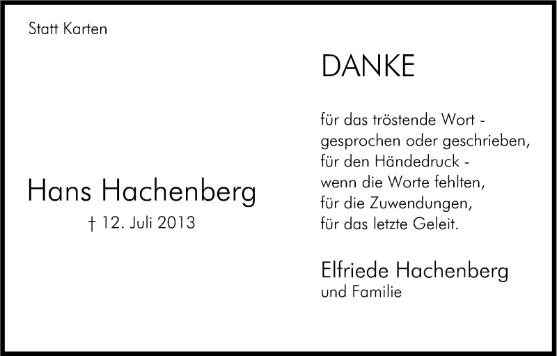  Traueranzeige für Hans Hachenberg vom 03.08.2013 aus Kölner Stadt-Anzeiger / Kölnische Rundschau / Express