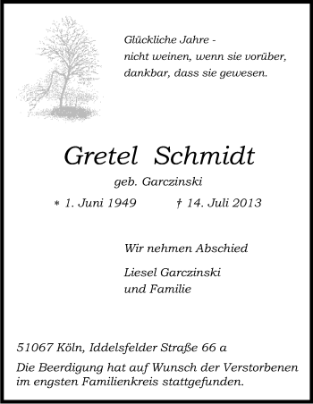Anzeige von Gretel Schmidt von Kölner Stadt-Anzeiger / Kölnische Rundschau / Express