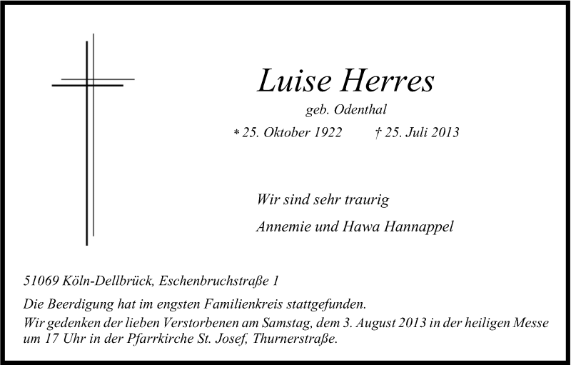  Traueranzeige für Luise Herres vom 03.08.2013 aus Kölner Stadt-Anzeiger / Kölnische Rundschau / Express