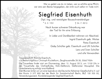 Anzeige von Siegfried Eisenhuth von Kölner Stadt-Anzeiger / Kölnische Rundschau / Express