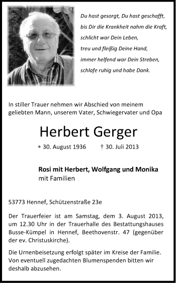 Anzeige von Herbert Gerger von Kölner Stadt-Anzeiger / Kölnische Rundschau / Express
