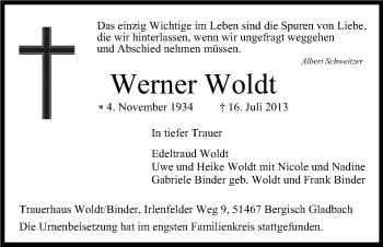 Anzeige von Werner Woldt von Kölner Stadt-Anzeiger / Kölnische Rundschau / Express