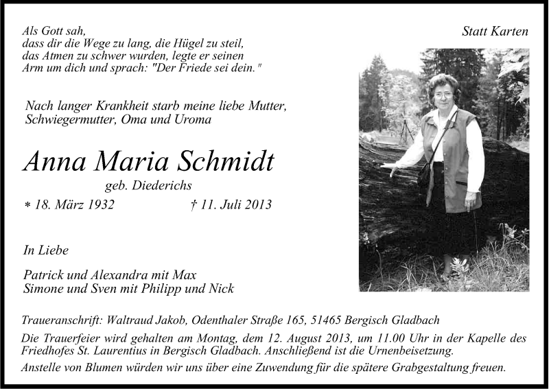  Traueranzeige für Anna Maria Schmidt vom 03.08.2013 aus Kölner Stadt-Anzeiger / Kölnische Rundschau / Express
