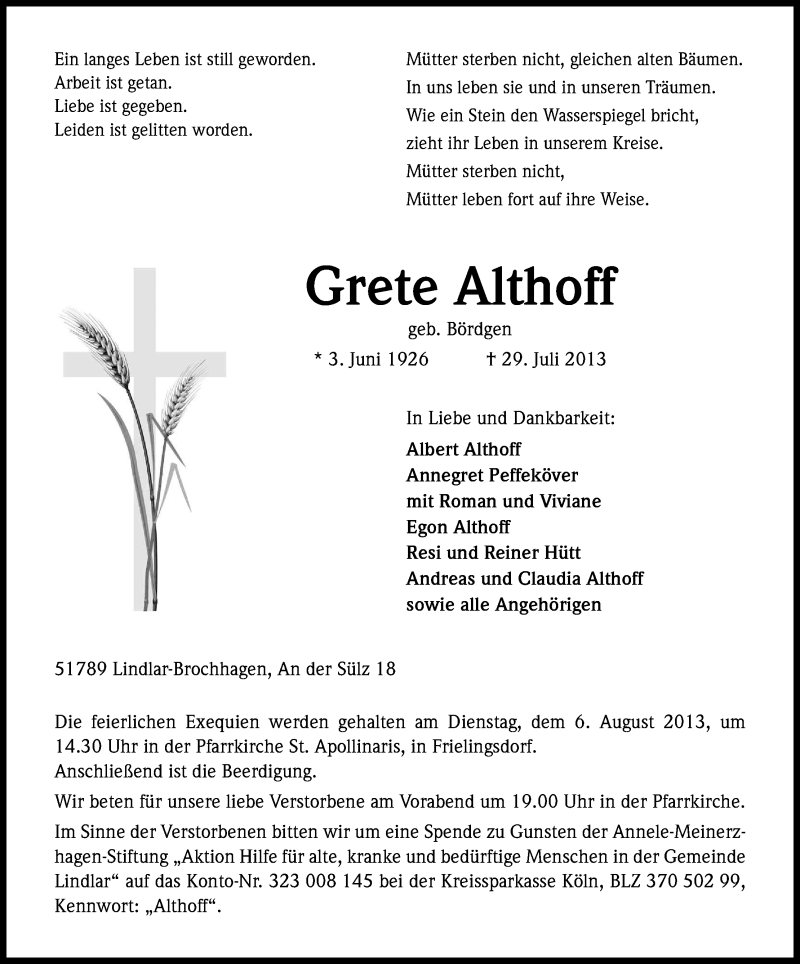  Traueranzeige für Grete Althoff vom 01.08.2013 aus Kölner Stadt-Anzeiger / Kölnische Rundschau / Express