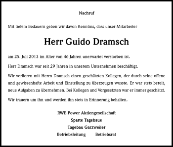 Anzeige von Guido Dramsch von Kölner Stadt-Anzeiger / Kölnische Rundschau / Express
