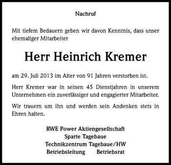 Anzeige von Heinrich Kremer von Kölner Stadt-Anzeiger / Kölnische Rundschau / Express