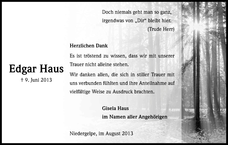  Traueranzeige für Edgar Haus vom 03.08.2013 aus Kölner Stadt-Anzeiger / Kölnische Rundschau / Express