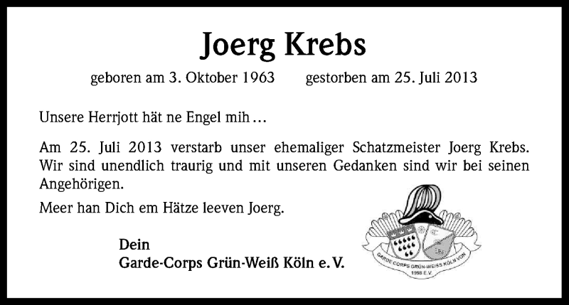  Traueranzeige für Joerg Krebs vom 03.08.2013 aus Kölner Stadt-Anzeiger / Kölnische Rundschau / Express