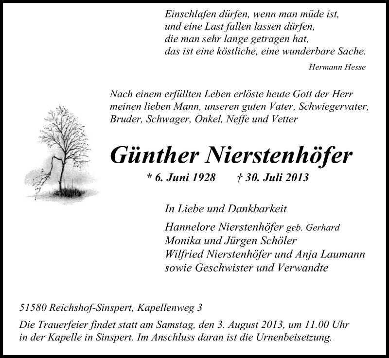  Traueranzeige für Günther Nierstenhöfer vom 01.08.2013 aus Kölner Stadt-Anzeiger / Kölnische Rundschau / Express
