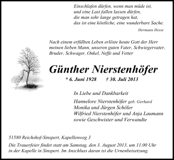 Anzeige von Günther Nierstenhöfer von Kölner Stadt-Anzeiger / Kölnische Rundschau / Express