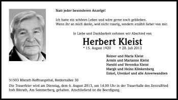 Anzeige von Herbert Kleist von Kölner Stadt-Anzeiger / Kölnische Rundschau / Express
