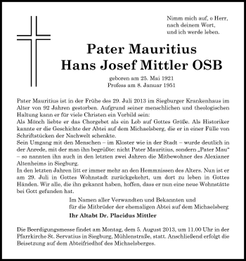Anzeige von Hans Josef Mittler von Kölner Stadt-Anzeiger / Kölnische Rundschau / Express