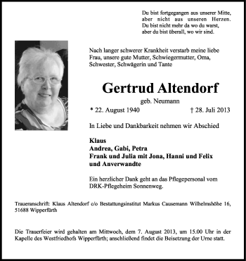 Anzeige von Gertrud Altendorf von Kölner Stadt-Anzeiger / Kölnische Rundschau / Express