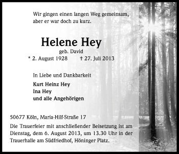 Anzeige von Helene Hey von Kölner Stadt-Anzeiger / Kölnische Rundschau / Express