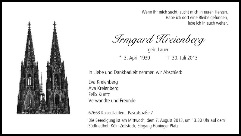  Traueranzeige für Irmgard Kreienberg vom 03.08.2013 aus Kölner Stadt-Anzeiger / Kölnische Rundschau / Express
