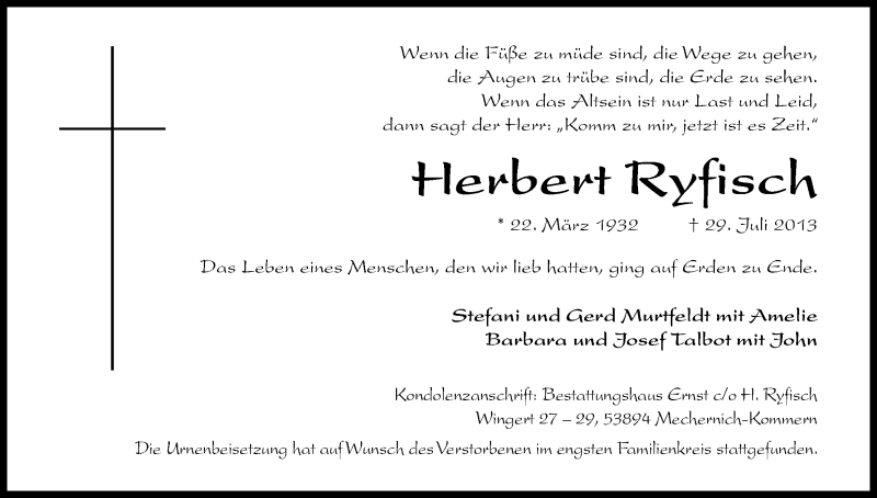  Traueranzeige für Herbert Ryfisch vom 10.08.2013 aus Kölner Stadt-Anzeiger / Kölnische Rundschau / Express