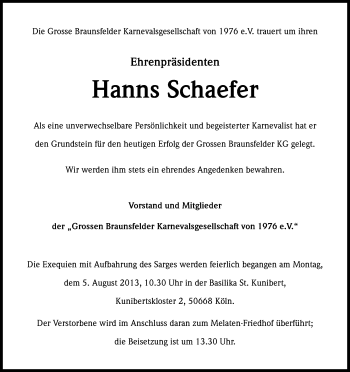 Anzeige von Hanns Schaefer von Kölner Stadt-Anzeiger / Kölnische Rundschau / Express
