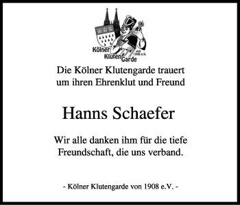 Anzeige von Hanns Schaefer von Kölner Stadt-Anzeiger / Kölnische Rundschau / Express