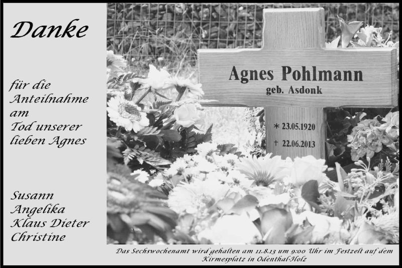  Traueranzeige für Agnes Pohlmann vom 03.08.2013 aus Kölner Stadt-Anzeiger / Kölnische Rundschau / Express