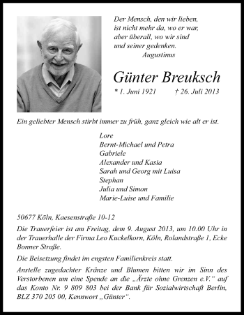Anzeige von Günter Breuksch von Kölner Stadt-Anzeiger / Kölnische Rundschau / Express