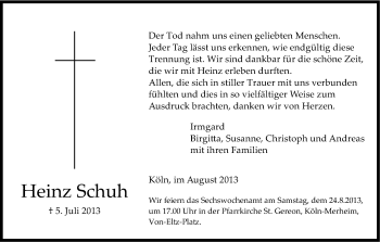 Anzeige von Heinz Schuh von Kölner Stadt-Anzeiger / Kölnische Rundschau / Express