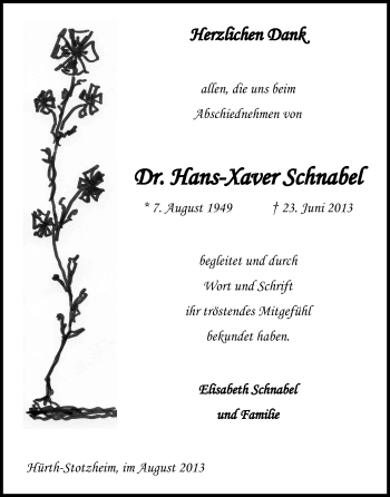 Anzeige von Hans-Xaver Schnabel von Kölner Stadt-Anzeiger / Kölnische Rundschau / Express
