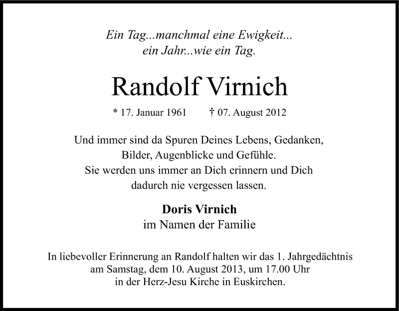  Traueranzeige für Randolf Virnich vom 03.08.2013 aus Kölner Stadt-Anzeiger / Kölnische Rundschau / Express