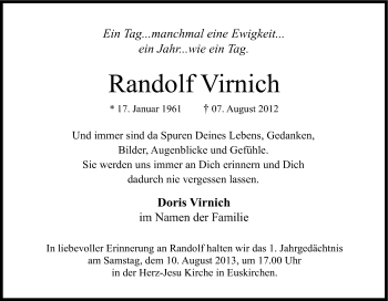 Anzeige von Randolf Virnich von Kölner Stadt-Anzeiger / Kölnische Rundschau / Express