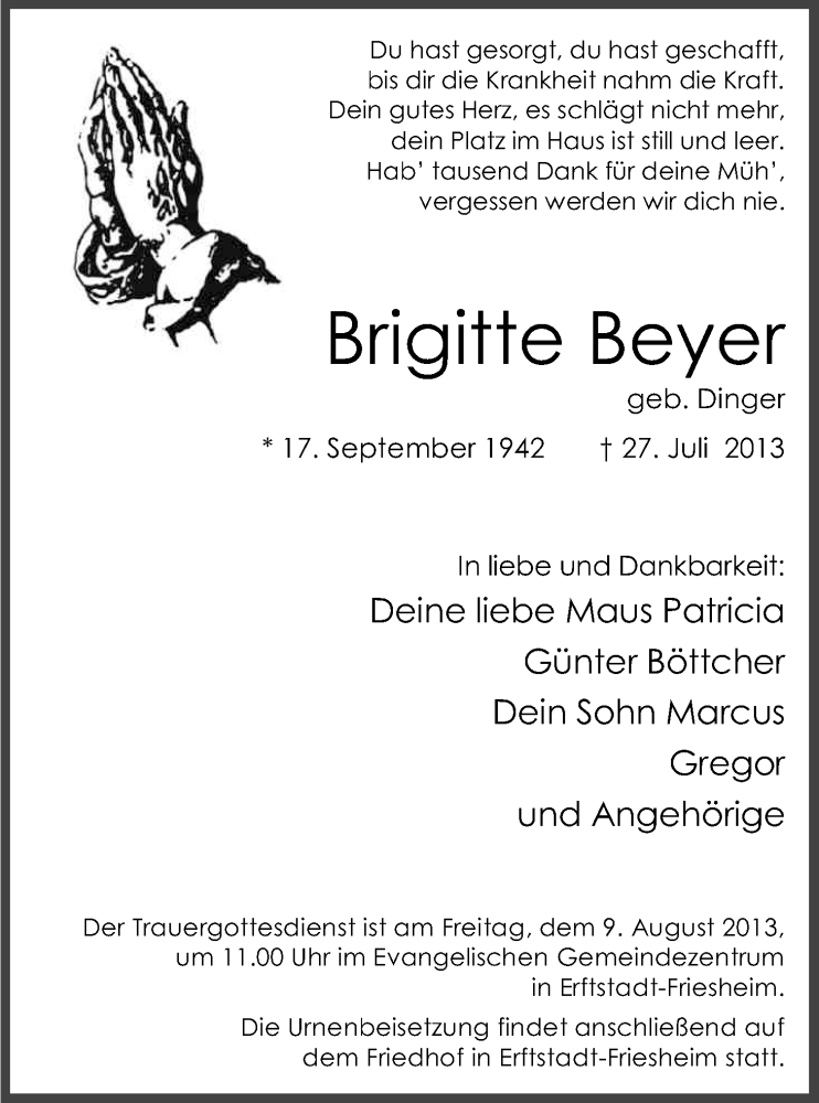  Traueranzeige für Brigitte Beyer vom 03.08.2013 aus Kölner Stadt-Anzeiger / Kölnische Rundschau / Express