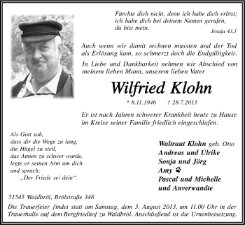 Anzeige von Wilfried Klohn von Kölner Stadt-Anzeiger / Kölnische Rundschau / Express