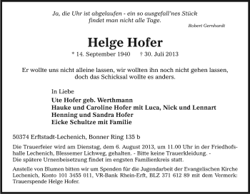 Anzeige von Helge Hofer von Kölner Stadt-Anzeiger / Kölnische Rundschau / Express