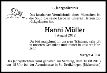 Anzeige von Hanni Müller von Kölner Stadt-Anzeiger / Kölnische Rundschau / Express