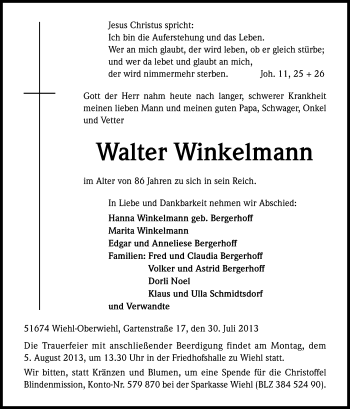 Anzeige von Walter Winkelmann von Kölner Stadt-Anzeiger / Kölnische Rundschau / Express