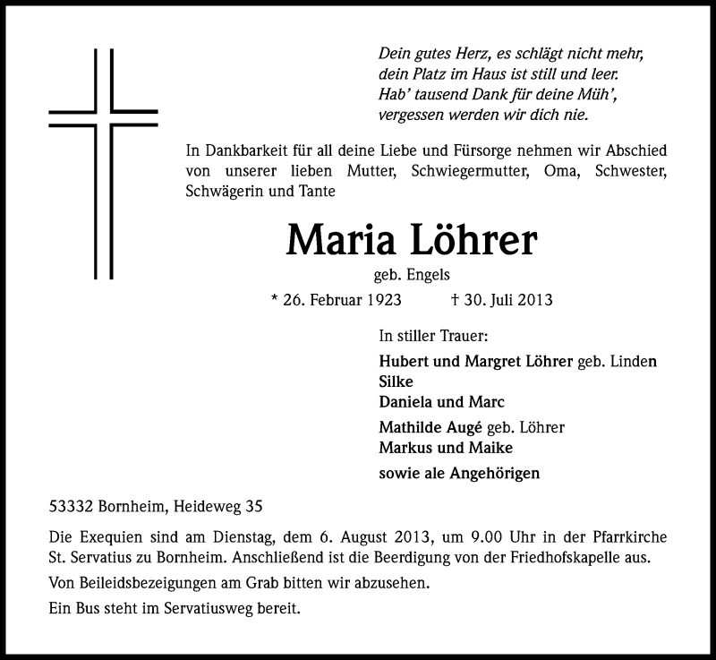  Traueranzeige für Maria Löhrer vom 03.08.2013 aus Kölner Stadt-Anzeiger / Kölnische Rundschau / Express