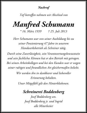Anzeige von Manfred Schumann von Kölner Stadt-Anzeiger / Kölnische Rundschau / Express