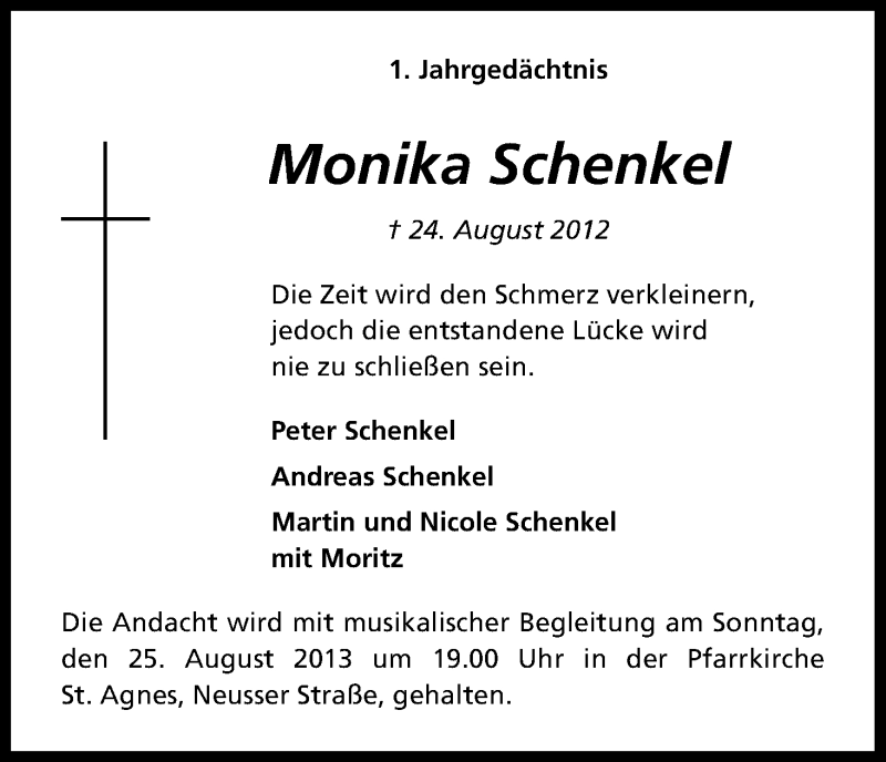  Traueranzeige für Monika Schenkel vom 24.08.2013 aus Kölner Stadt-Anzeiger / Kölnische Rundschau / Express