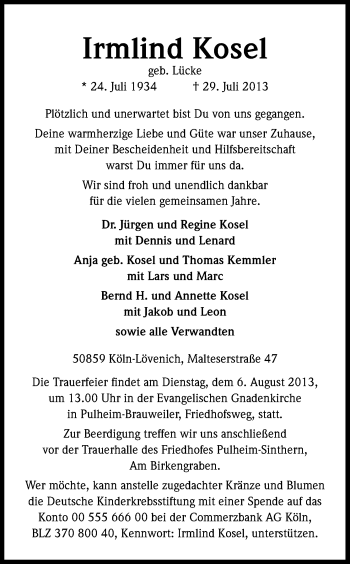 Anzeige von Irmlind Kosel von Kölner Stadt-Anzeiger / Kölnische Rundschau / Express