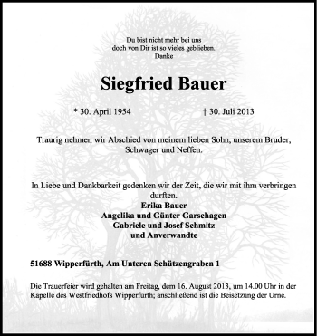Anzeige von Siegfried Bauer von Kölner Stadt-Anzeiger / Kölnische Rundschau / Express