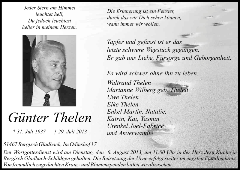  Traueranzeige für Günter Thelen vom 03.08.2013 aus Kölner Stadt-Anzeiger / Kölnische Rundschau / Express
