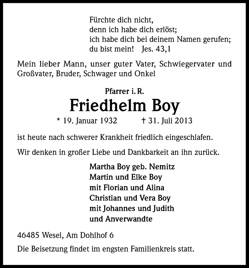  Traueranzeige für Friedhelm Boy vom 03.08.2013 aus Kölner Stadt-Anzeiger / Kölnische Rundschau / Express