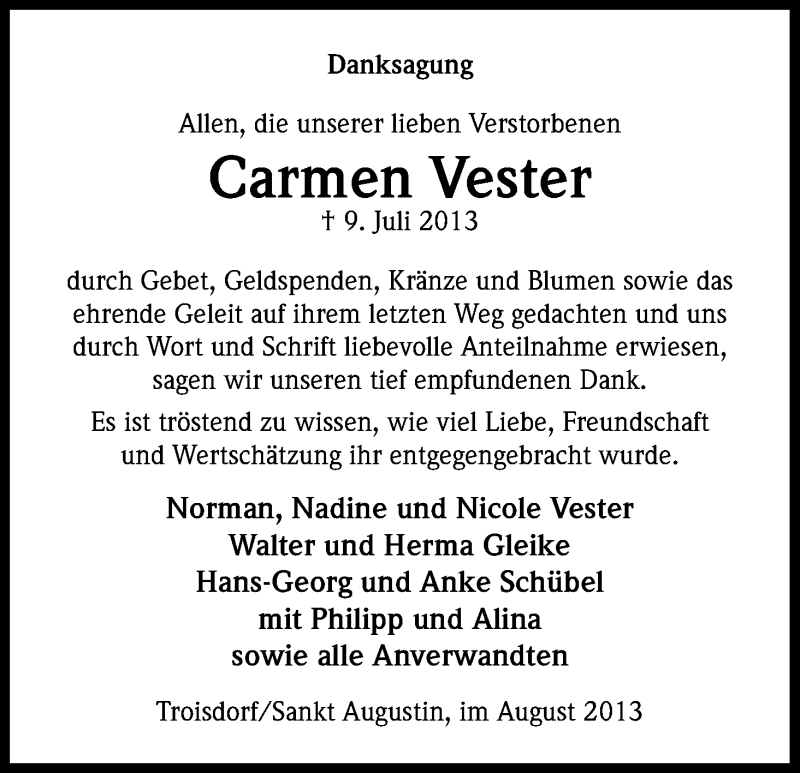  Traueranzeige für Carmen Vester vom 10.08.2013 aus Kölner Stadt-Anzeiger / Kölnische Rundschau / Express