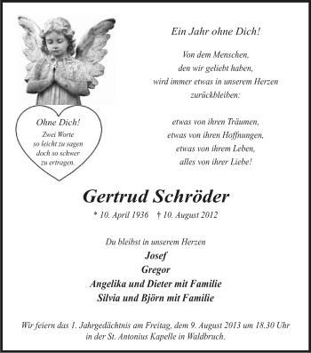 Anzeige von Gertrud Schröder von Kölner Stadt-Anzeiger / Kölnische Rundschau / Express
