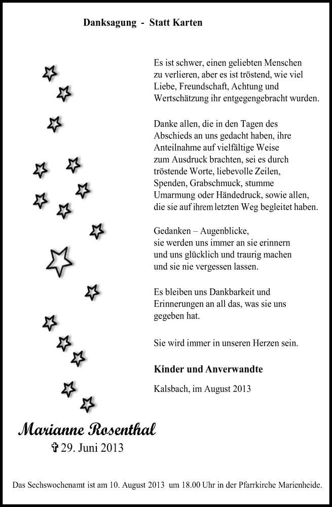  Traueranzeige für Marianne Rosenthal vom 06.08.2013 aus Kölner Stadt-Anzeiger / Kölnische Rundschau / Express