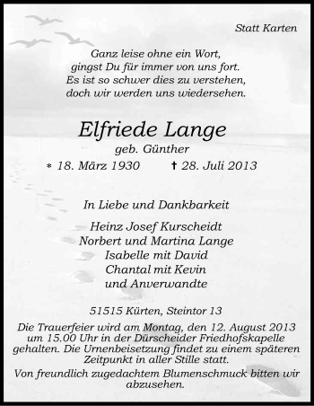 Anzeige von Elfriede Lange von Kölner Stadt-Anzeiger / Kölnische Rundschau / Express