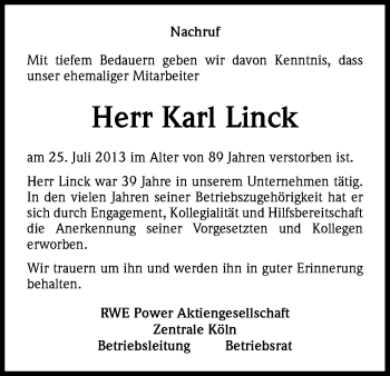 Anzeige von Karl Linck von Kölner Stadt-Anzeiger / Kölnische Rundschau / Express