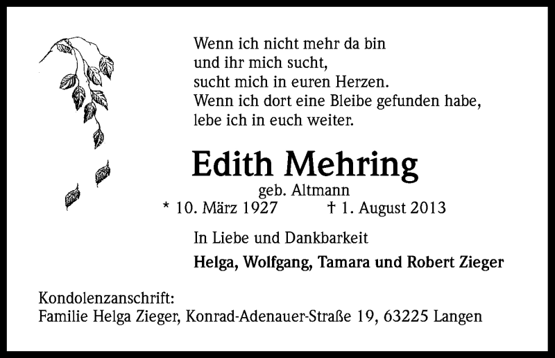  Traueranzeige für Edith Mehring vom 03.08.2013 aus Kölner Stadt-Anzeiger / Kölnische Rundschau / Express
