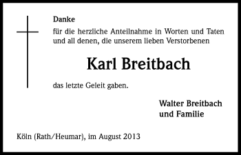 Anzeige von Karl Breitbach von Kölner Stadt-Anzeiger / Kölnische Rundschau / Express