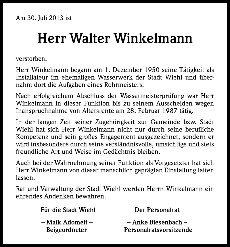  Traueranzeige für Walter Winkelmann vom 02.08.2013 aus Kölner Stadt-Anzeiger / Kölnische Rundschau / Express